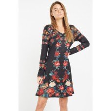 Black Floral Printed Long Sleeve A Line Dress